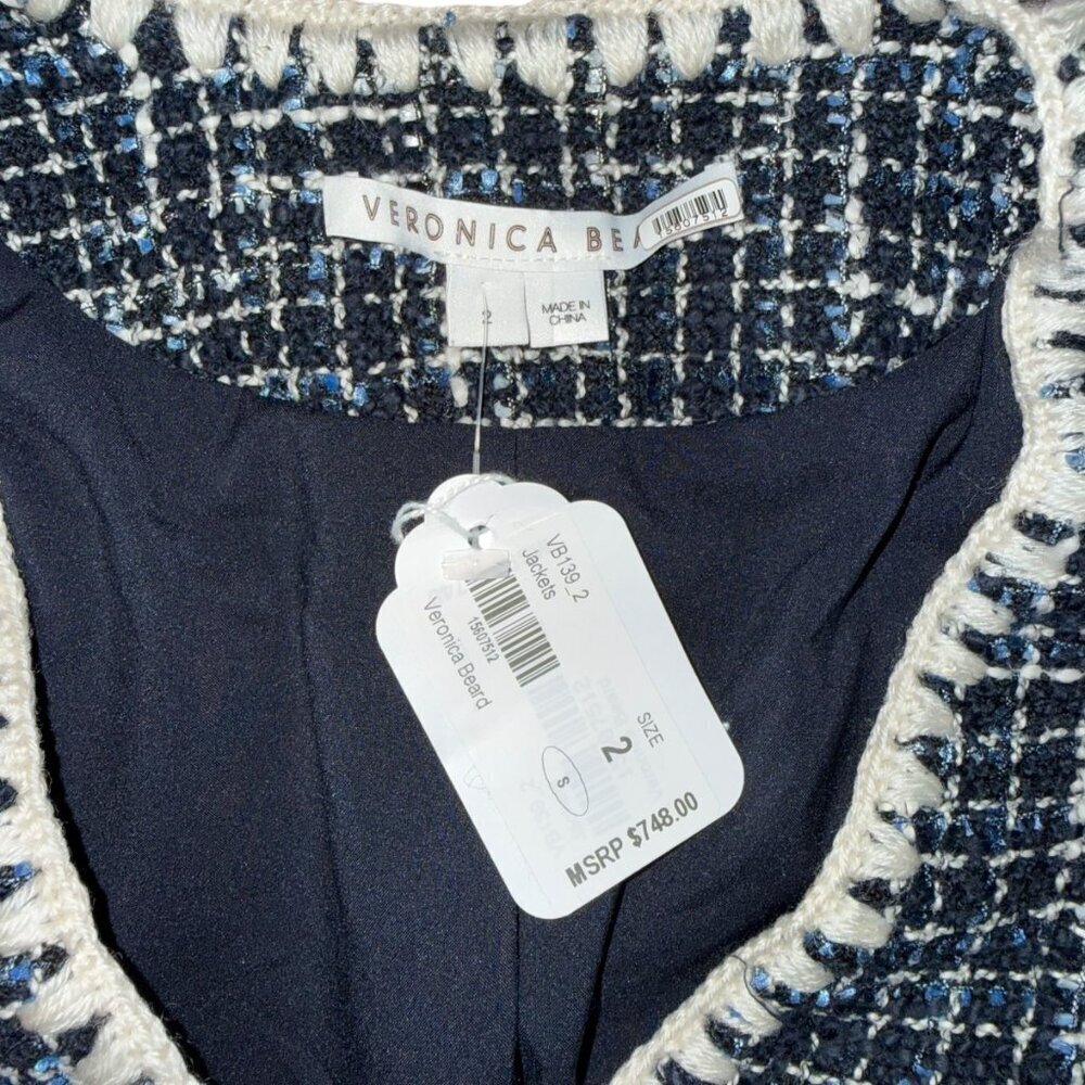 Veronica Beard Bosea Tweed Crop Jacket Blue White Cotton Blend Blazer Size 2 NWT - Picture 3 of 10